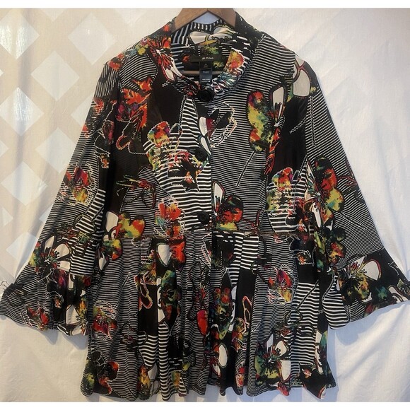 Ali Miles Tops - New ALI MILES Butterflies Floral Striped Abstract Art to wear Boho Tunic Bell 2X